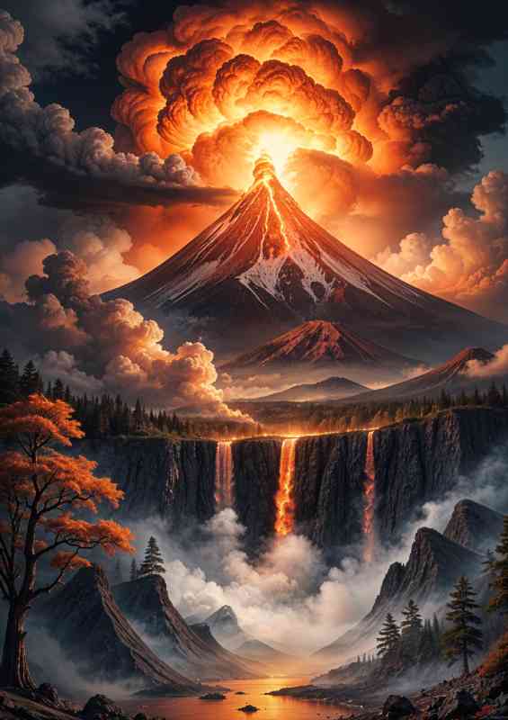 Mountain erupting with lave flowing