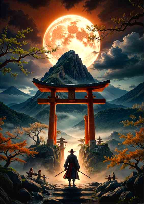 Samurai at the tori gate with mount fuji