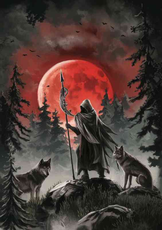 Mystical forest scene with a towering red moon