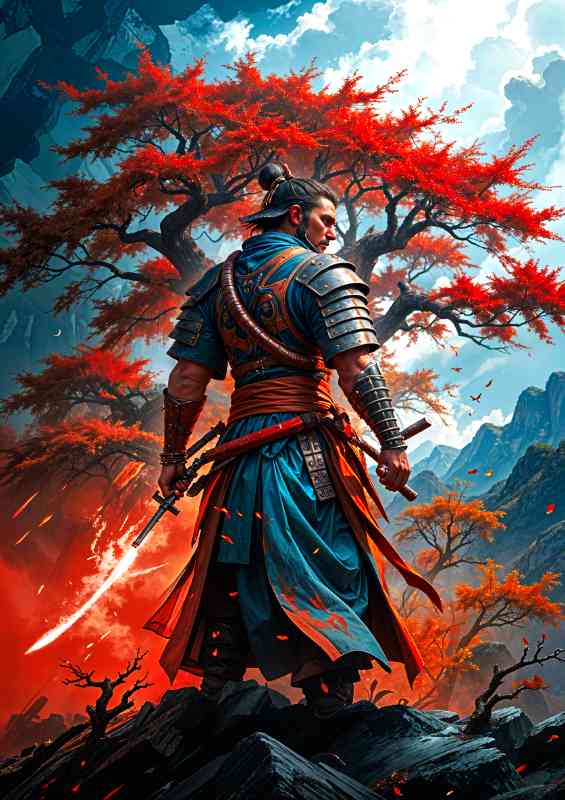 Samurai warrior wearing dark armor and a red robe