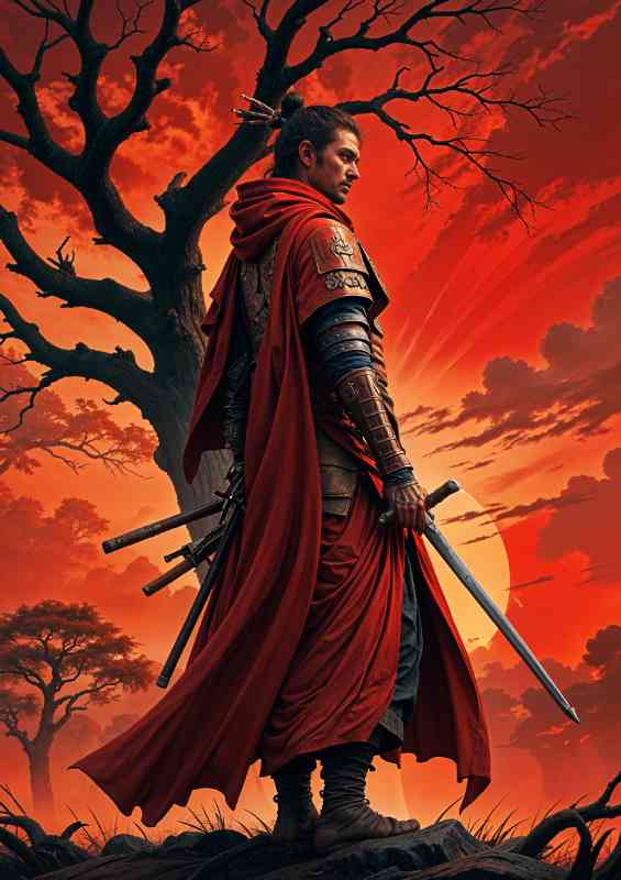 samurai warrior wearing dark armor and a red robe red glowing skies