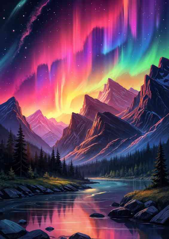 Aurora borealis and the flowing river