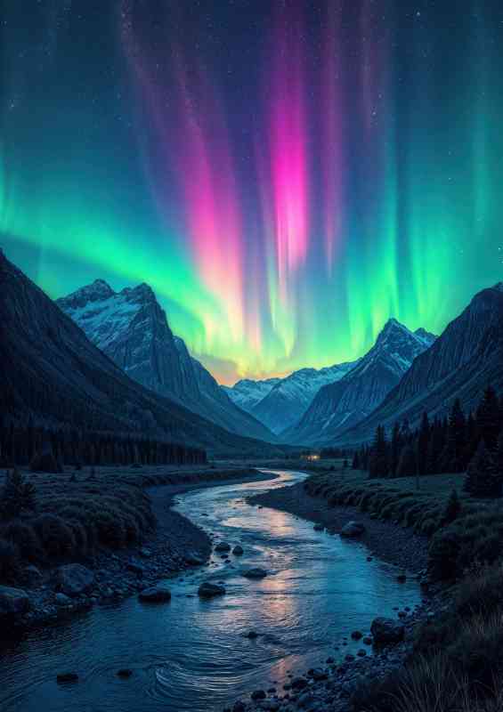 Aurora borealis in the night sky over mountains and river