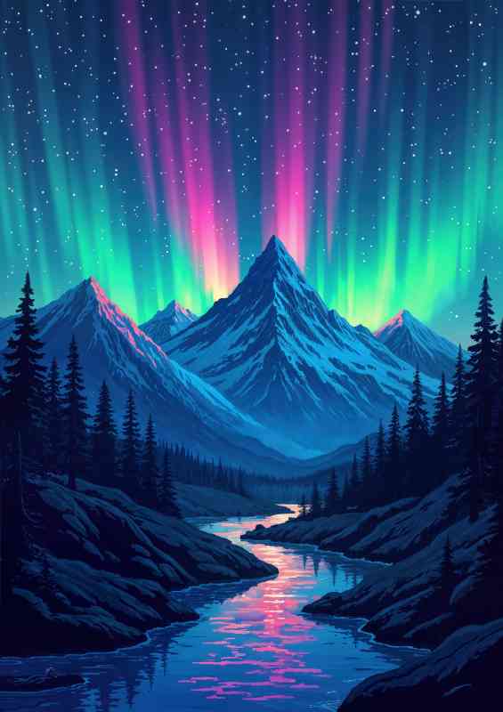 Colorful aurora borealis in the night with flowing river