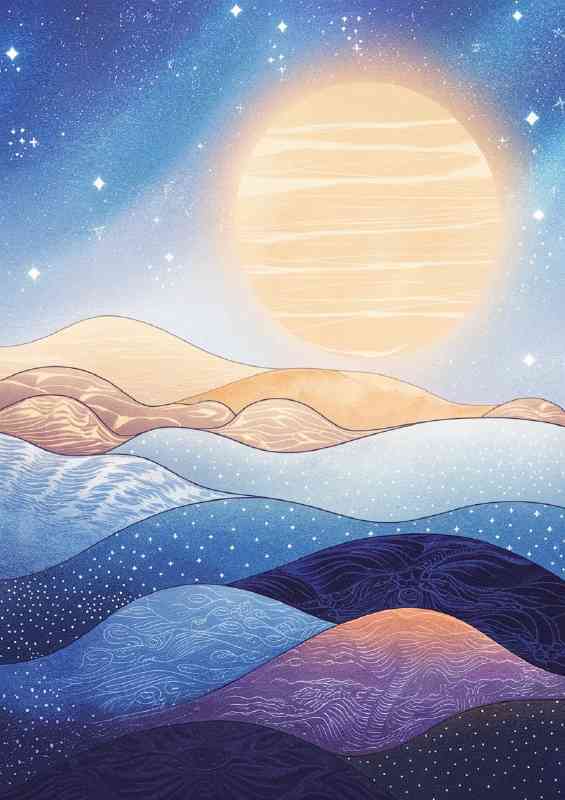 Ethereal landscape with a vast star and mountain range