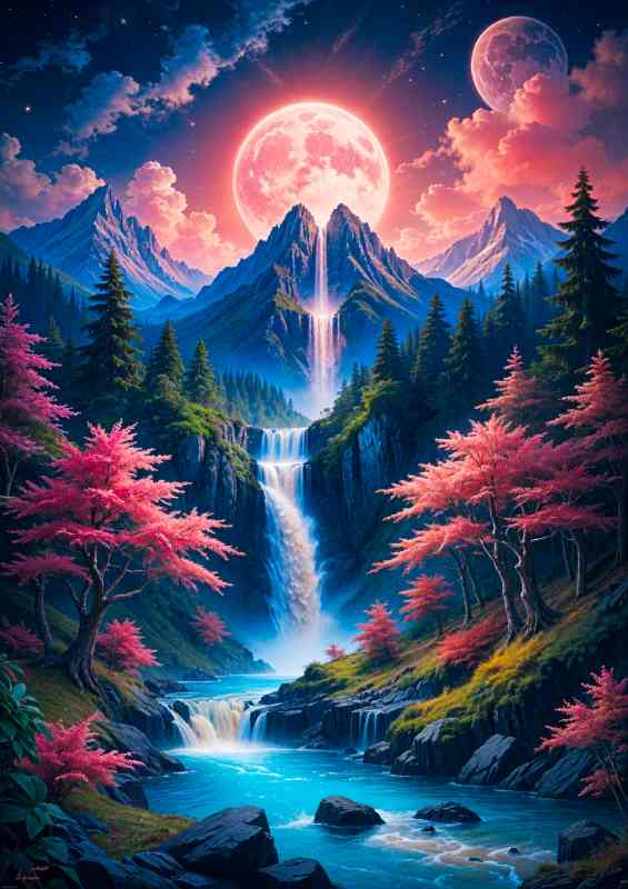 Majestic mountain with a waterfall cascading down to the stream