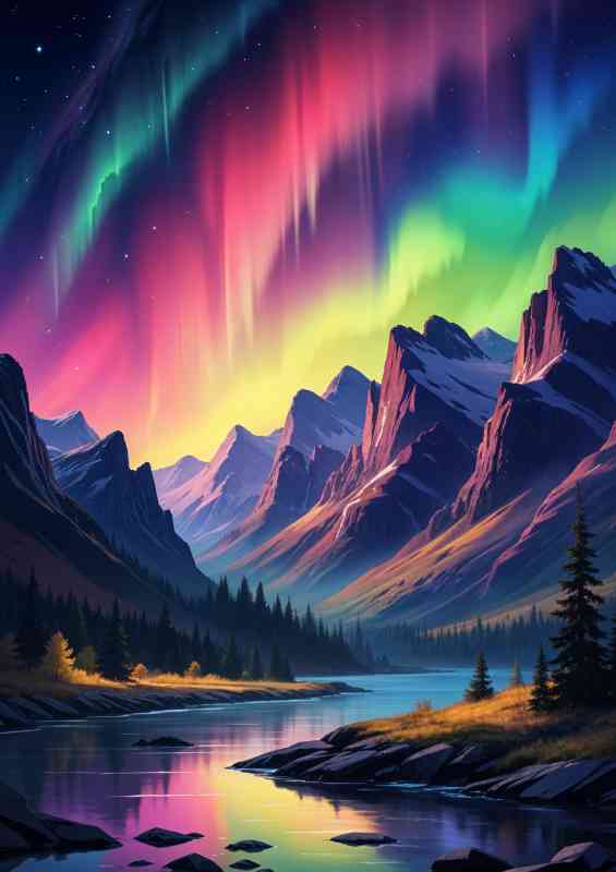 Night sky over a mountainous landscape aurora borealis