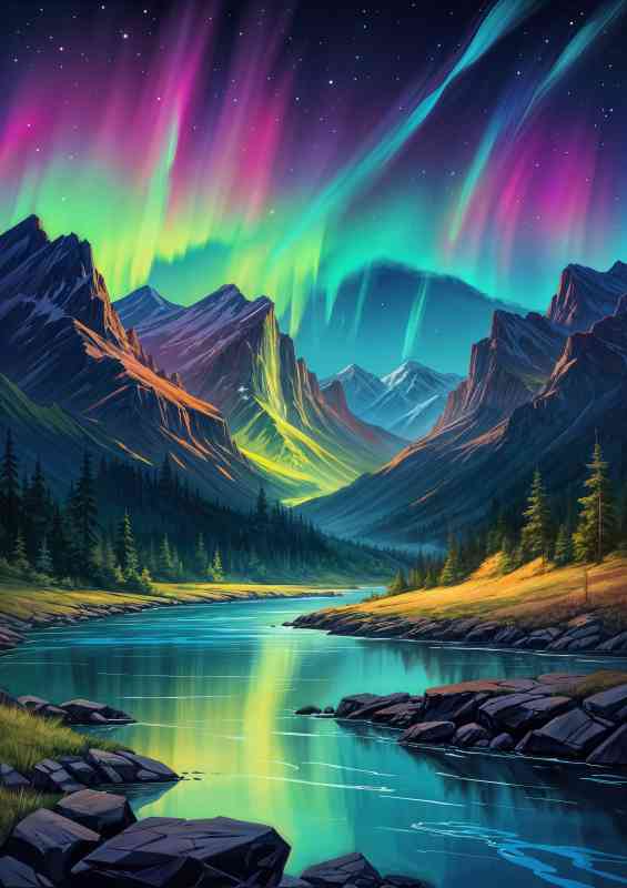 Painting colorful aurora borealis in the mountains