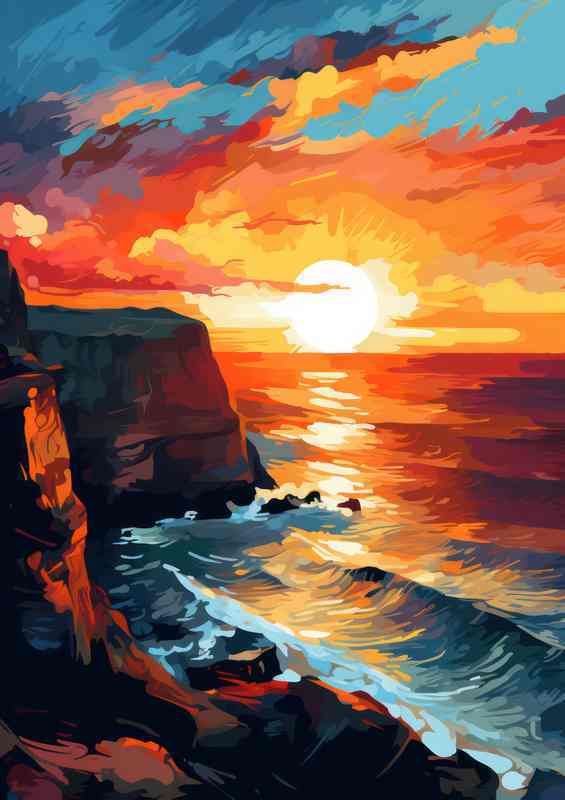 Setting sun over the sea and cliff tops