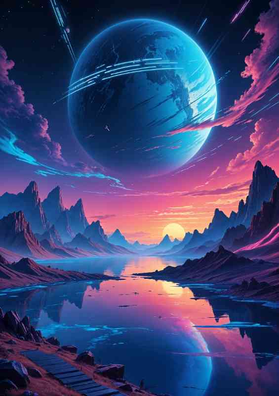 Cyberpunk large blue planet with stripes