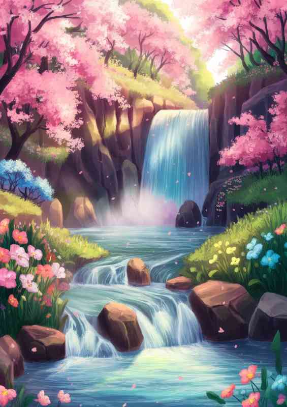 Picturesque landscape cascading waterfall