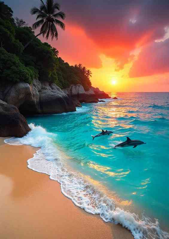 Tropical beach with turquoise waters rocky cliff and dolphins