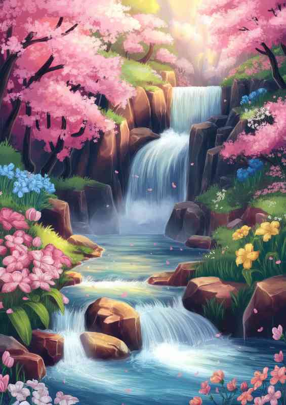 Vibrant and picturesque landscape a cascading waterfall