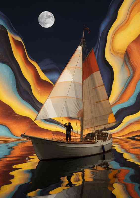 Vibrant and surreal scene of a sailboat floating