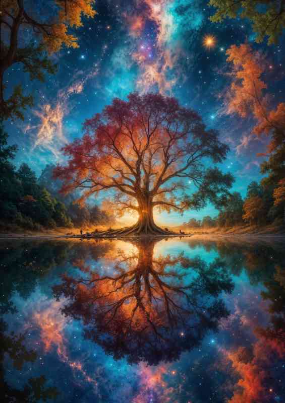 The large old oak tree in a nebula sky
