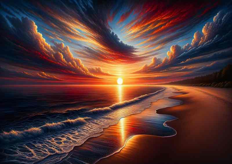 Coastal beach where the sky of reds yellows and blues