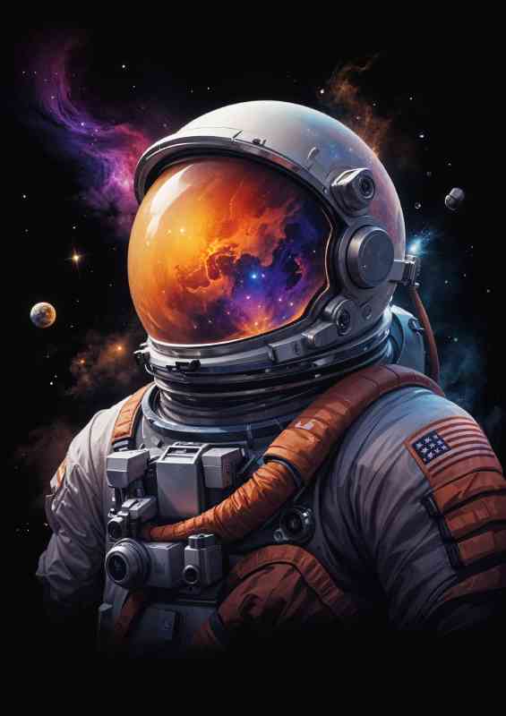 Astronaut scene with swirling nebulae planets and stars