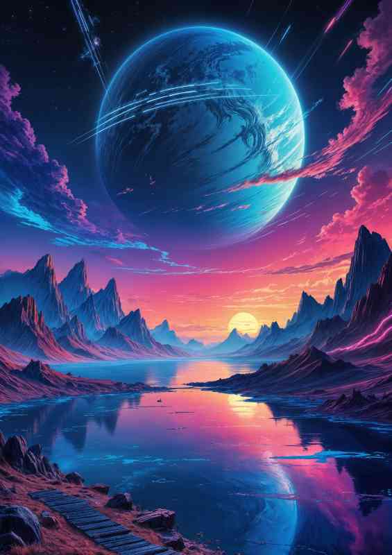 Cyberpunk a large blue planet with stripes