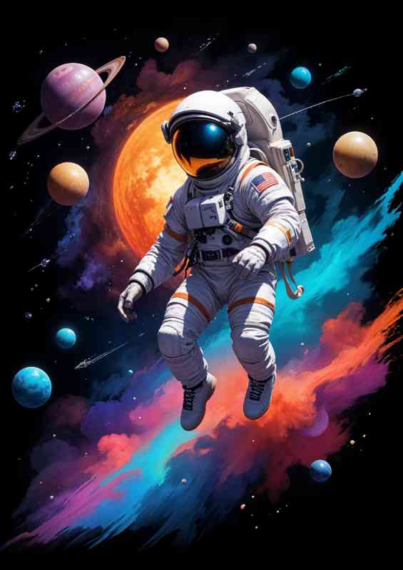 Floating in space against a backdrop of colorful planets