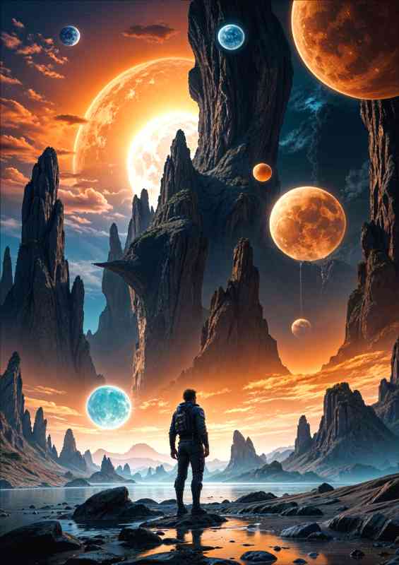 Space man exploring the universe plantes