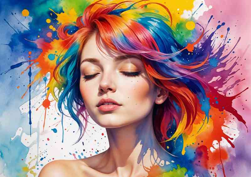 Young woman with vibrant multicolored hair and closed eyes