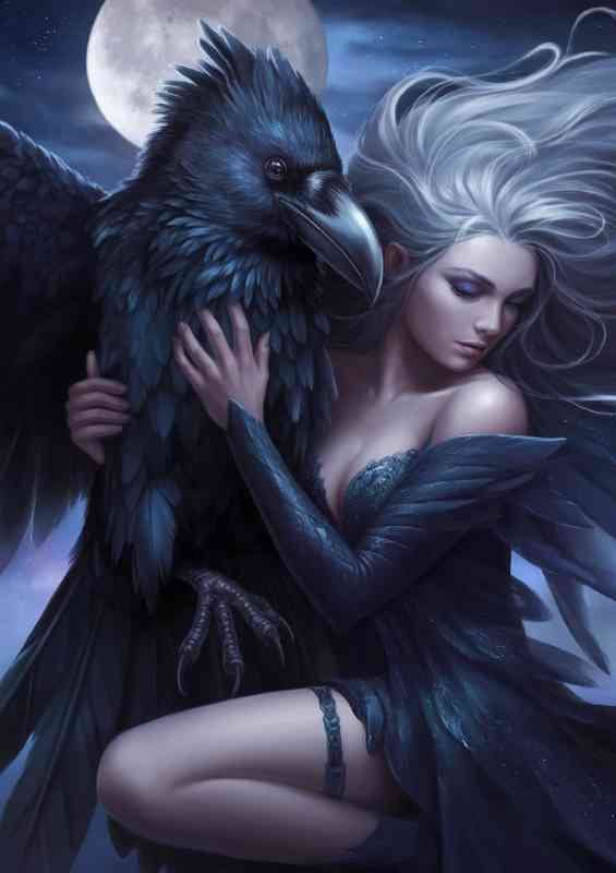 Mystical woman with flowing silver hair and a giant crow