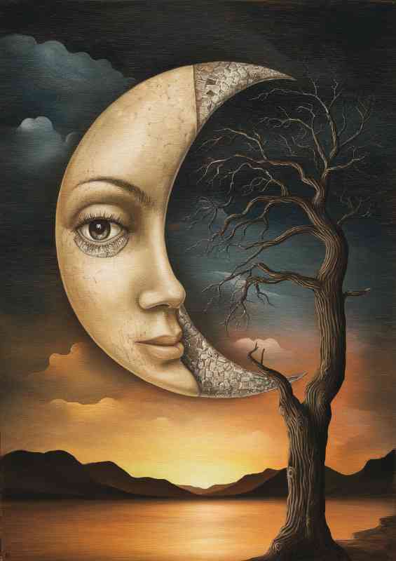 Surrealistic scene where a crescent moon with branches of a tree