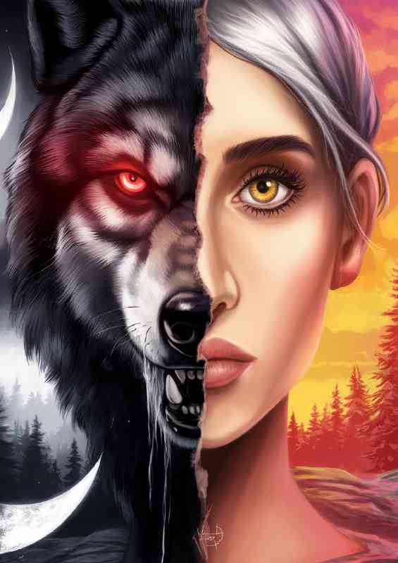 Two contrasting halves woman and wolf
