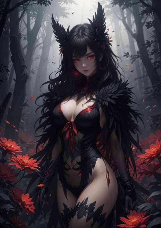 Animae girl dark misty forest with glowing red flowers