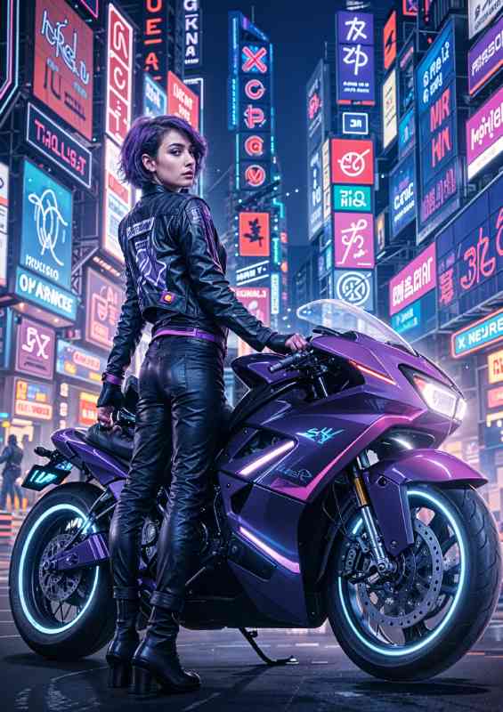 Purple racing bike in a neon lit city street