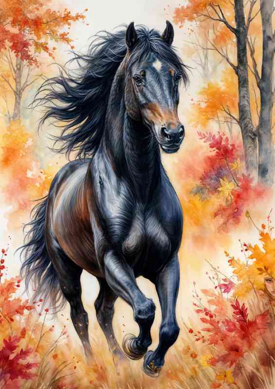 Majestic black horse in the woods