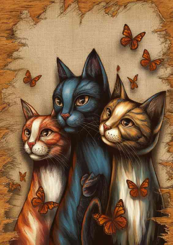 Three intricately designed cats with vibrant color