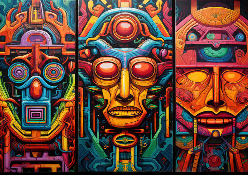 Three Amazing colourful aztec style faces