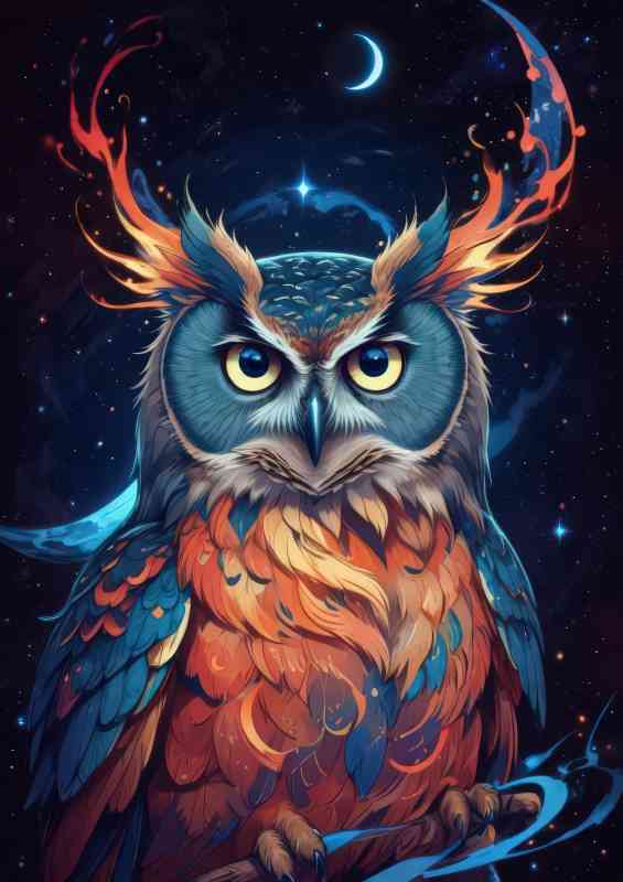 Colourful majestic owl at night yellow eyes