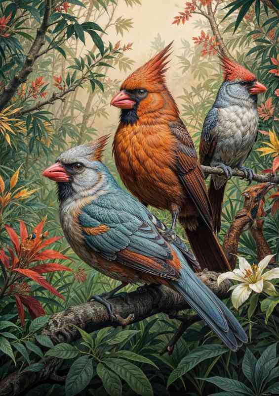 Painted northern cardinal birds in the forest