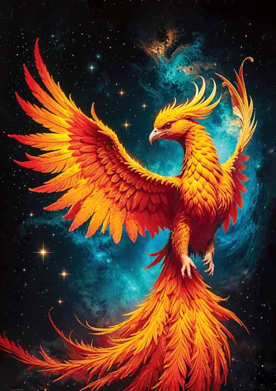 Pheonix with fire embers feathers in space nebula