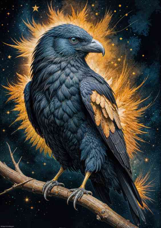 Silver blue raven perched high