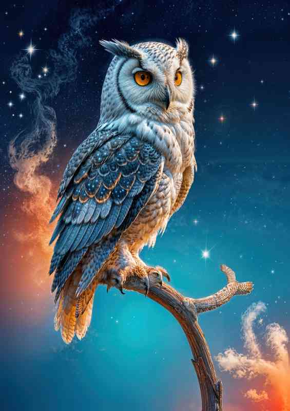 The snowy owl and the night sky with smoke