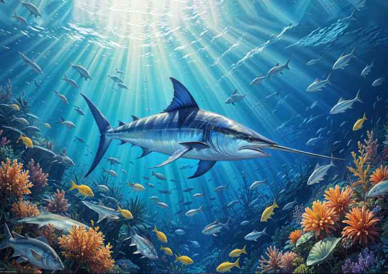Blue marlin swimming in an underwater ocean scene