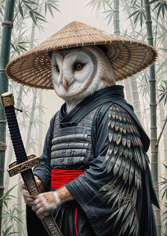 Barn owl wearing samurai outfit