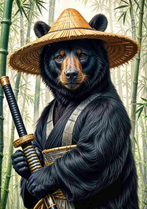 Black bear samurai warrior in bamboo forest