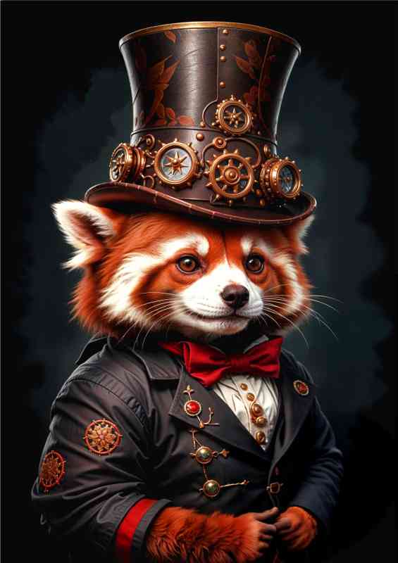 Steampunk red panda with surreal animal