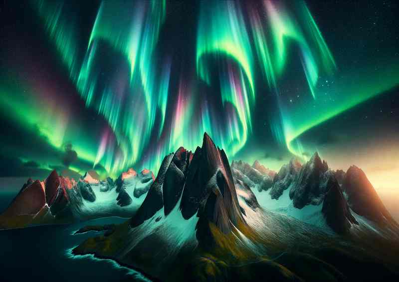 Aurora Borealis in full splendor towering mountains