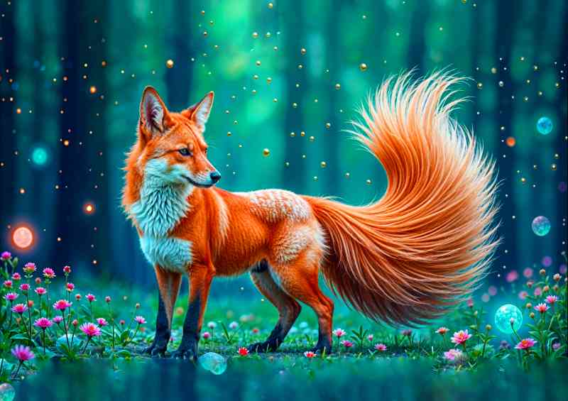 Golden fox in the trees and woods