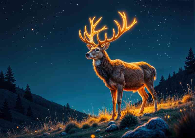Large male deer with large glowing shimmering antlers