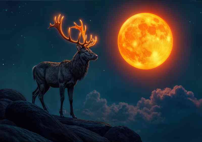 Male Deer with bright orange moon