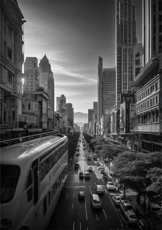 Amazing street scene nice skyline black and white