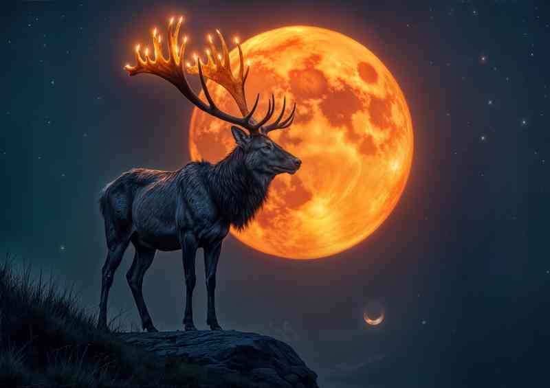 Male deer with smoky glowing antlers at night full moon