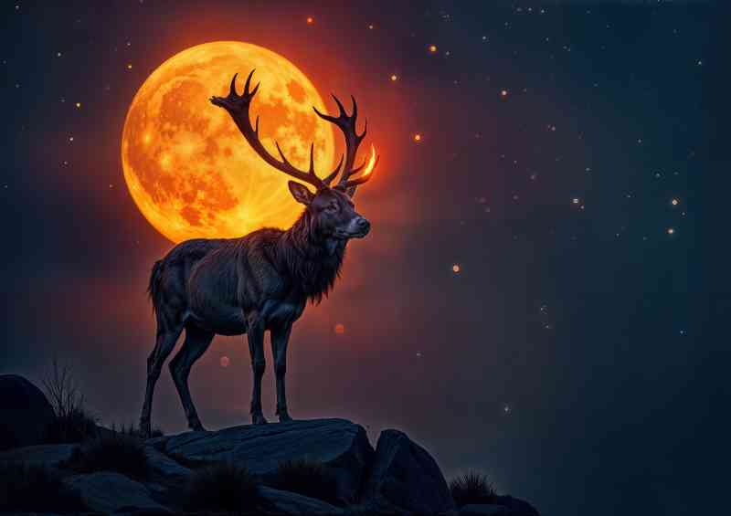 Male deer with smoky glowing extra large antlers and full moon