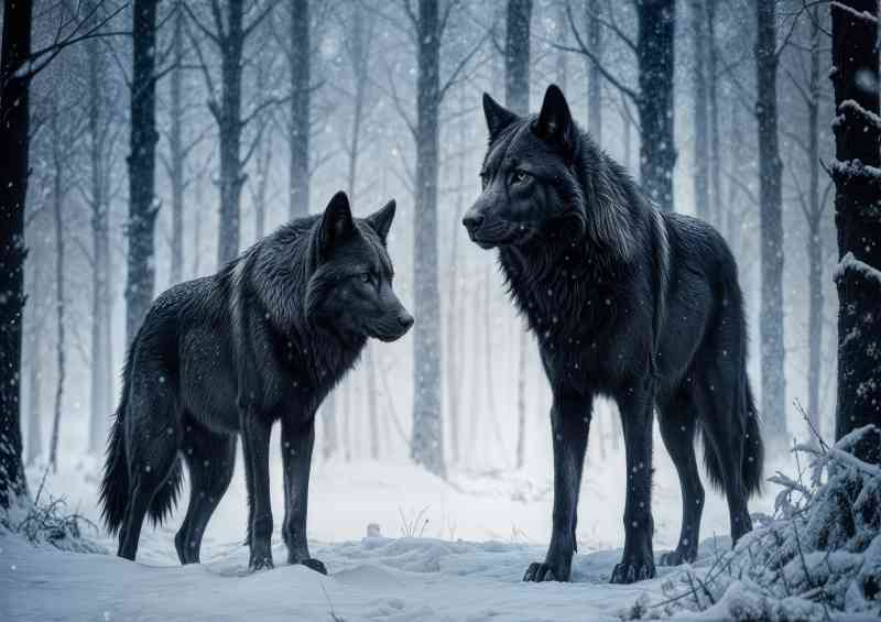 Mysterious pair of black wolfs in snow
